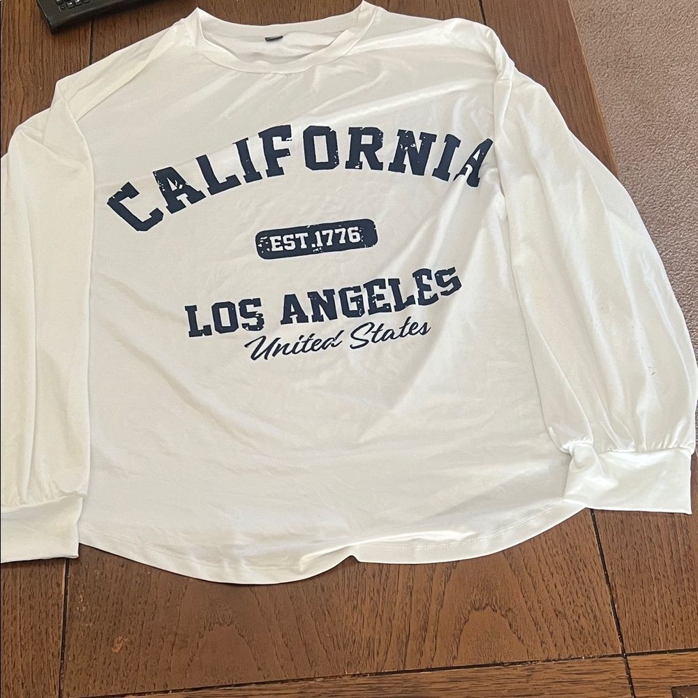 SHEIN White Long Sleeve Tee with Navy Print